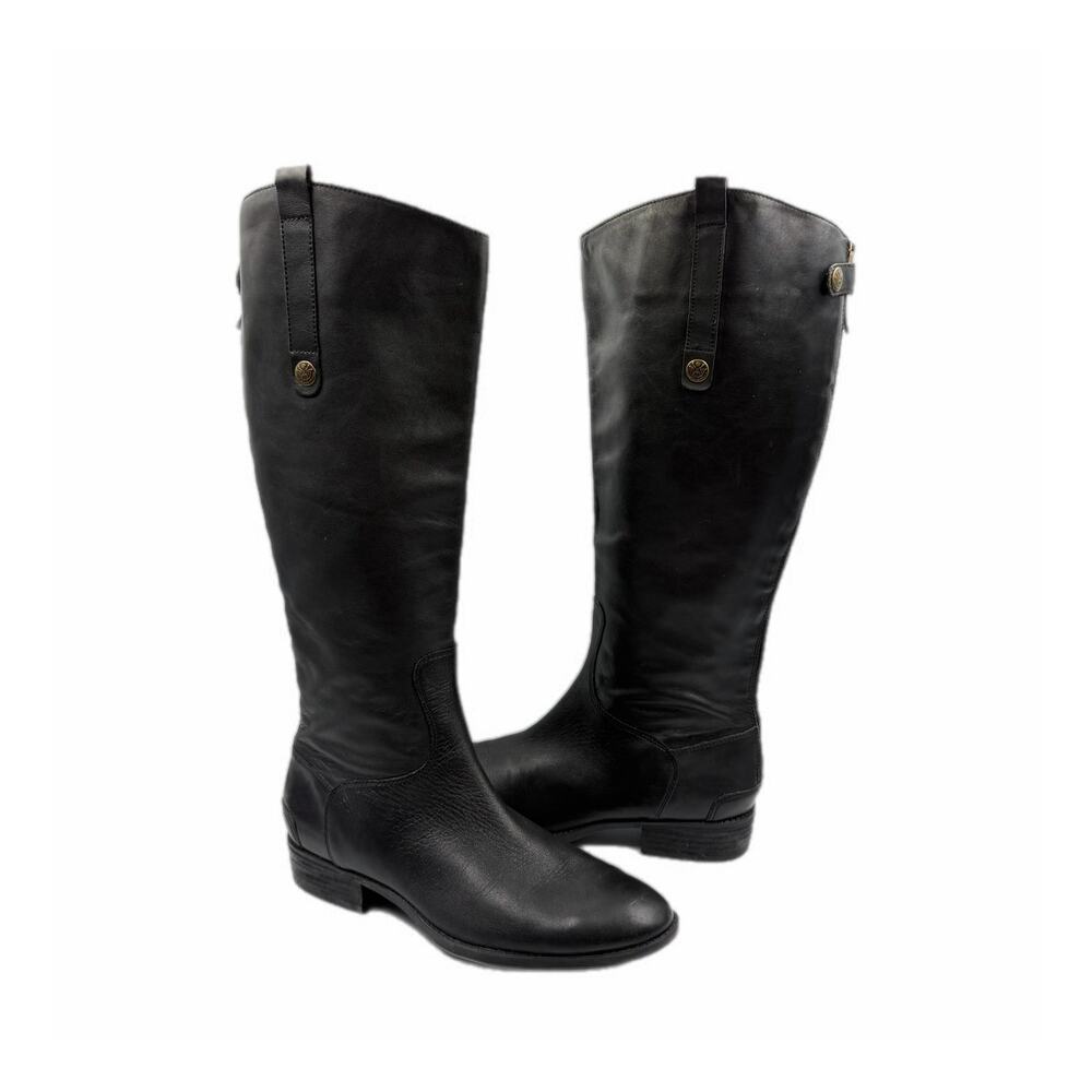 Sam Edelman WIDE Penny 2 Black Leather Tall Block Heel Classic Chic Riding Boots